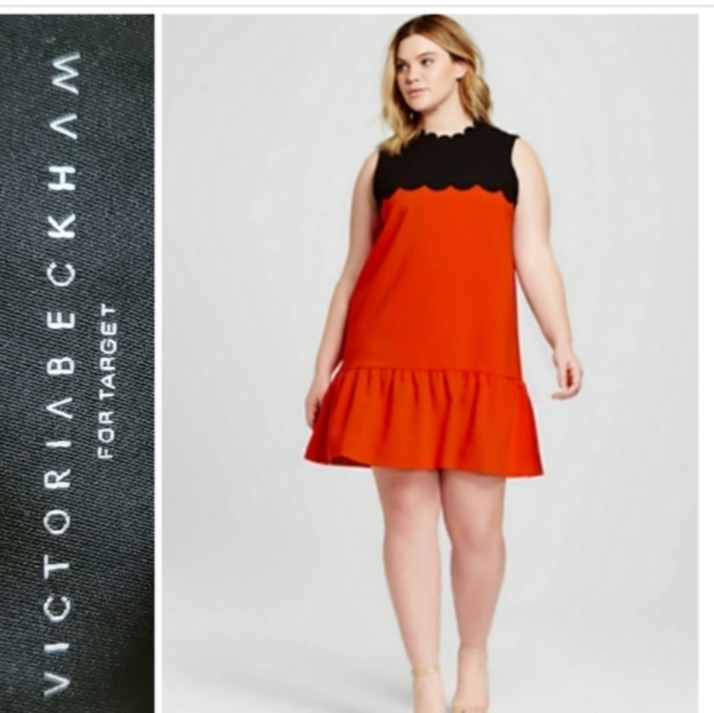 Victoria Beckham Orange & Black Drop Waist Scalloped Trim Cocktail Dress. Size2X